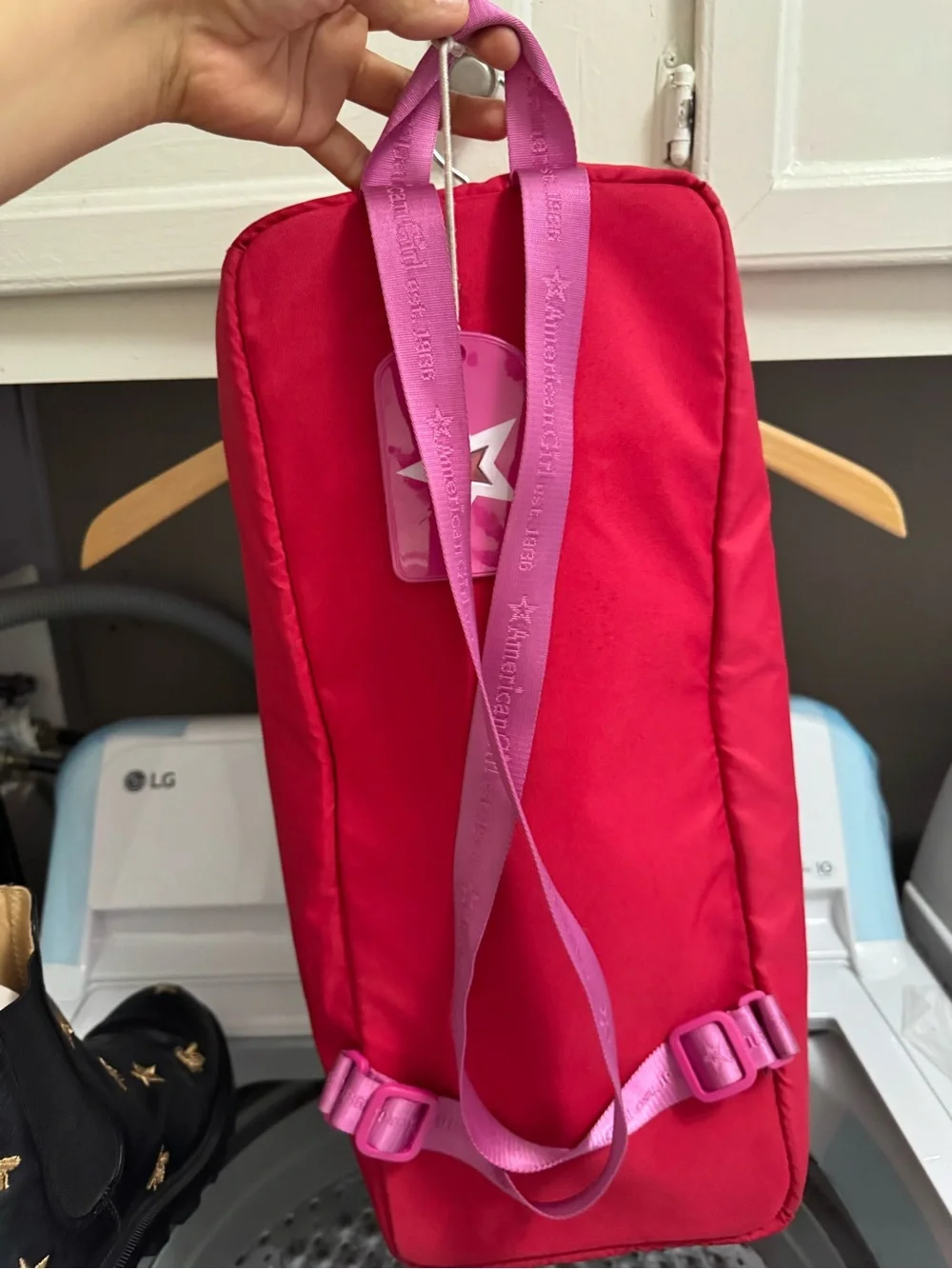 American Girl Red Doll Carrier with Pink Logo Panel and White Trim